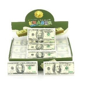 Gomme en forme de dollar am&eacute;ricain en pr&eacute;sentoir (30 pcs.)