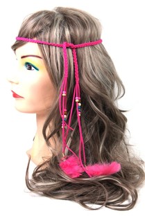 Bandeau cheveux look Ibiza avec perles fuchsia (1 pce)