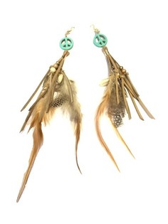 BOUCLES D'OREILLES STYLE IBIZA PEACE & PLUMES CR&Egrave;ME/TURQUOISE (1 pc)