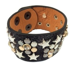 Bracelet Large de Luxe Noir avec Clous et Strass (1 pc)