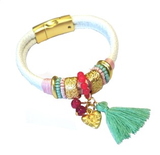 Bracelet Ibiza Blanc avec Pompon et Charme C&oelig;ur (1 pc)