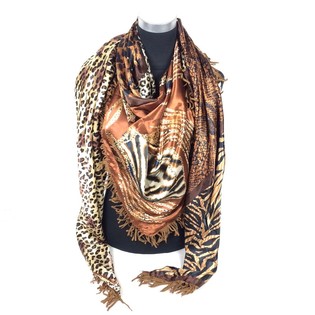 &Eacute;charpe triangle de luxe r&eacute;versible Tigre / Marron &agrave; franges (1 pc)