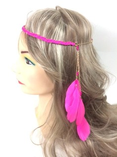 Bandeau tress&eacute; style Ibiza avec plumes fuchsia (1 pc)