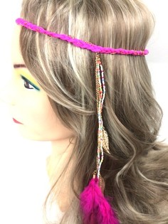 Serre-t&ecirc;te tress&eacute; avec plumes Fuchsia (1 pc)