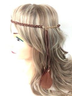 Serre-t&ecirc;te tress&eacute; avec plumes marron (1 pc)