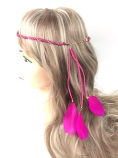 Bandeau tress&eacute; style Ibiza avec plumes - Fuchsia (1 pc)