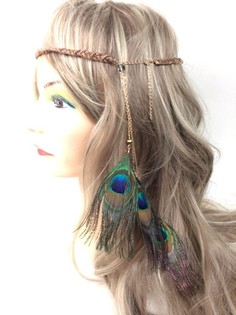 Bandeau Cheveux Tress&eacute; Marron avec Plumes de Paon | Style Ibiza Boho (1 pc)