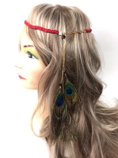 Serre-t&ecirc;te tress&eacute; bordeaux avec plumes de paon (1 pc)