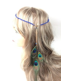 Bandeau tress&eacute; bleu style Ibiza avec plumes de paon (1 pc)