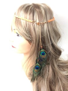 Bandeau Cheveux Tress&eacute; Orange/Saumon avec Plumes de Paon (1 pc)