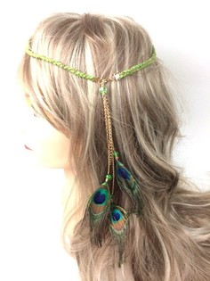 Bandeau Tress&eacute; Vert Mousse avec Plumes de Paon (1 pc)