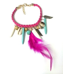 Bracelet Ibiza Fuchsia avec Coquillage et Dent (1 pc)