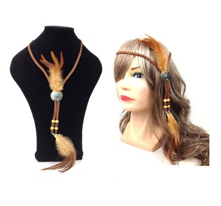 Collier / Bandeau Cheveux &agrave; Plumes Ibiza - Marron (1 pc)