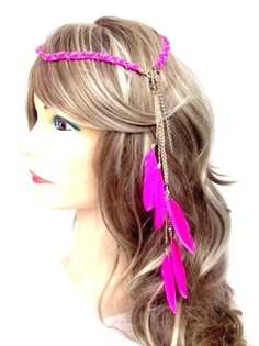 Bandeau tress&eacute; avec plumes style Ibiza Fuchsia (1 pc)