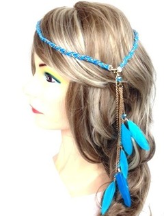 Bandeau tress&eacute; style Ibiza avec plumes Turquoise (1 pc)