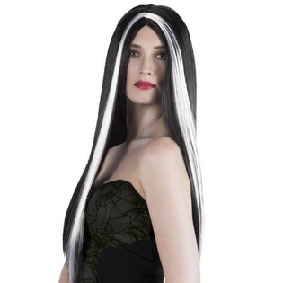 Perruque Longue Noire avec M&egrave;ches Blanches (1 pc)