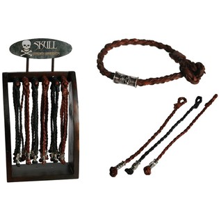 Bracelets en cuir tressé "Skull" sur présentoir en bois (96 pcs)