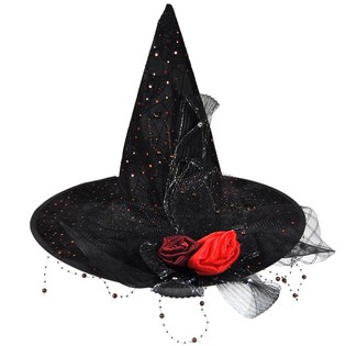 Chapeau de sorci&egrave;re de luxe avec franges et fleur rouge (6 pi&egrave;ces)