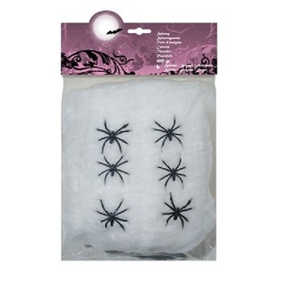 Toile d'Araign&eacute;e D&eacute;corative 100g avec 6 Araign&eacute;es - Blanc (4 pcs)
