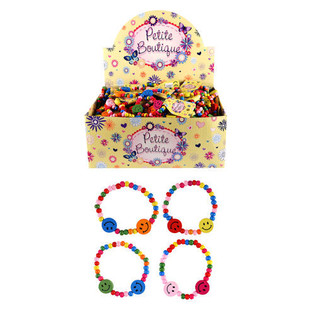 BRACELETS SMILEY JOYEUX EN BOIS POUR ENFANTS EN PR&Eacute;SENTOIR (144 pcs)