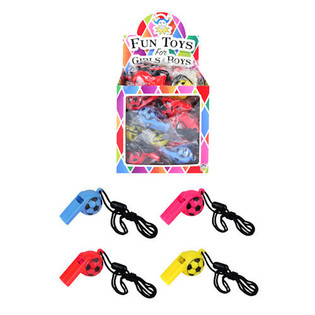 SIFFLETS DE FOOTBALL COLOR&Eacute;S EN PR&Eacute;SENTOIR (48 pcs.)