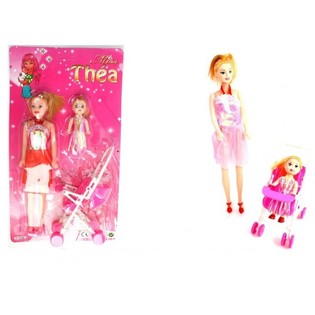 ENSEMBLE DE POUP&Eacute;ES : MAMAN, FILLE ET POUSSETTE (10 pcs)