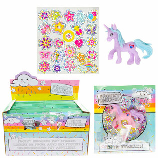 LICORNE DE POCHE - LICORNE + AUTOCOLLANTS EN POCHETTE CADEAU - EN PR&Eacute;SENTOIR (24 pcs)