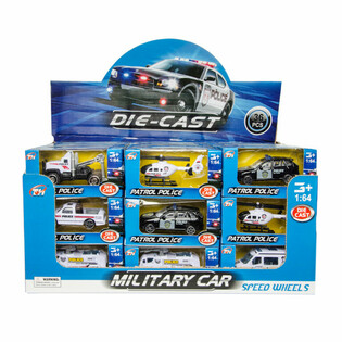 MIX V&Eacute;HICULES DE POLICE EN M&Eacute;TAL EN PR&Eacute;SENTOIR (36 pcs)