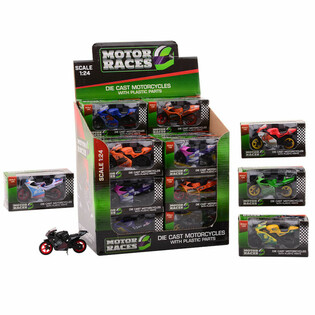 MOTO SUPER SPORT DIE CAST, &Eacute;CHELLE 1:24 EN PR&Eacute;SENTOIR (24 pcs)