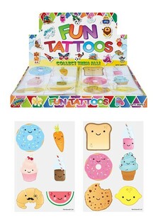 Tatouages &Eacute;ph&eacute;m&egrave;res Rigolos - Mod&egrave;le : Visages d'Aliments (Pr&eacute;sentoir de 48 pcs, 12 Tatouages par sachet)