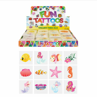 TATTOOS RIGOLOTS - MOD&Egrave;LE : SIR&Egrave;NE / MERMAID, Chaque paquet 12x Tattoos EN PR&Eacute;SENTOIR (48 pcs)