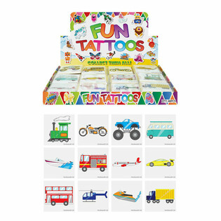 TATTOOS AMUSANTS - MOD&Egrave;LE : V&Eacute;HICULES, Chaque paquet 12x Tatouages EN PR&Eacute;SENTOIR (48 pcs)