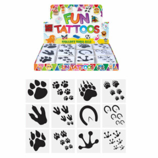 TATOUAGES FUN - MOD&Egrave;LE : EMPREINTES D'ANIMAUX, Chaque paquet contient 12x Tatouages EN PR&Eacute;SENTOIR (48 pcs)