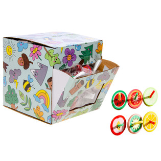 TOUPIES EN BOIS AVEC IMPRIMÉ FRUITS - EN PRÉSENTOIR (42 pcs)