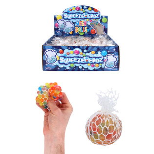 BALLES ANTI-STRESS SQUEEZY BEADZ AVEC FILET EN PR&Eacute;SENTOIR (36 pcs)